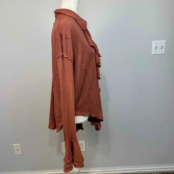 Free People We‎ The Free Feelin' Fresh Shirting Cotton Ruffle-Front Warm Stone S - Picture 6 of 16